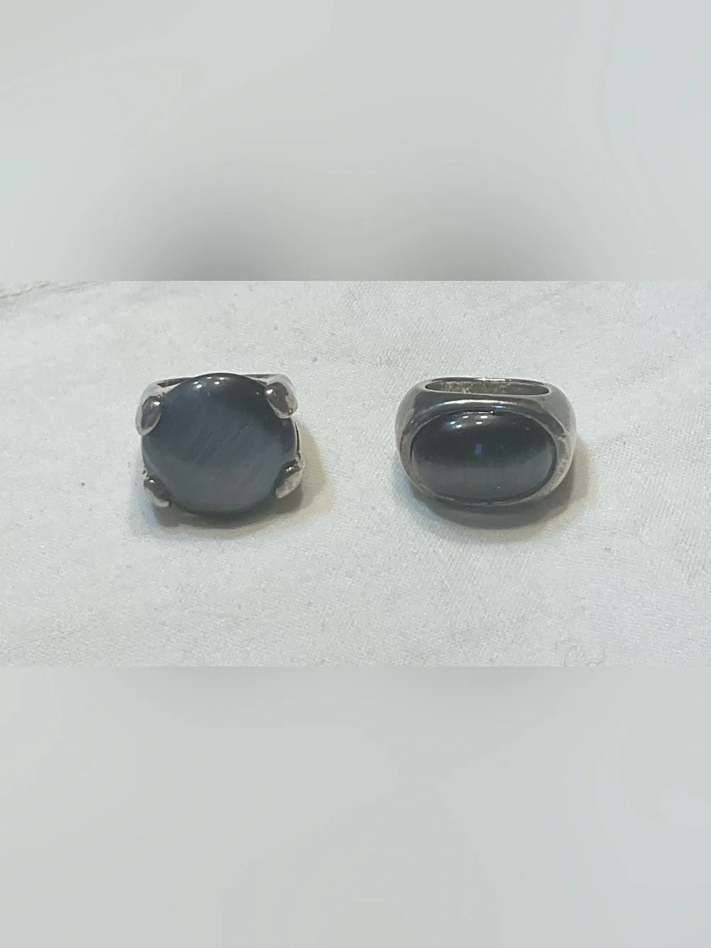 Vintage Cat's Eye Statement Ring Lot (2) Grey Blue & Black Moon Glow Size 6 Boho
